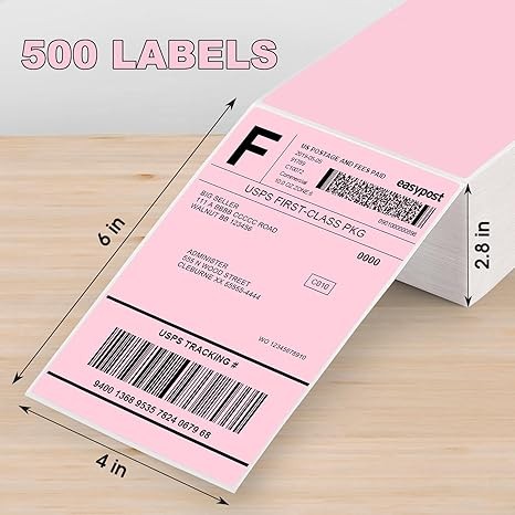 MaxGear 4" x 6" Direct Thermal Pink Labels, 500 Labels, Fanfold Shipping Package Labels, Perforated White Mailing Labels, Commercial Grade, Permanent Adhesive, Compatible with Most Thermal Printers