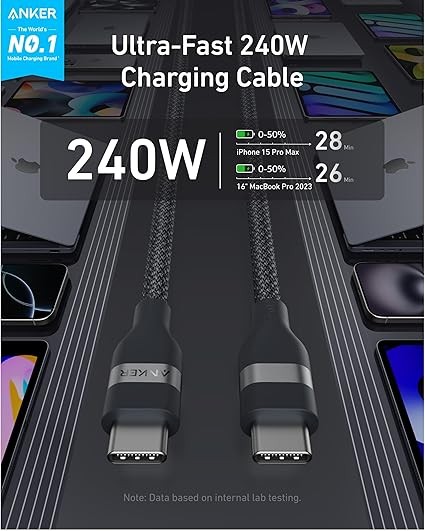 Anker Nano USB C Cable, 240W 3 ft Flexible Multi-Color Braided Cord, Fast Charging Type C Charger for iPhone 16/16 Pro/16 Plus/16 Pro Max, MacBook Pro, iPad Pro, Galaxy S23, and More