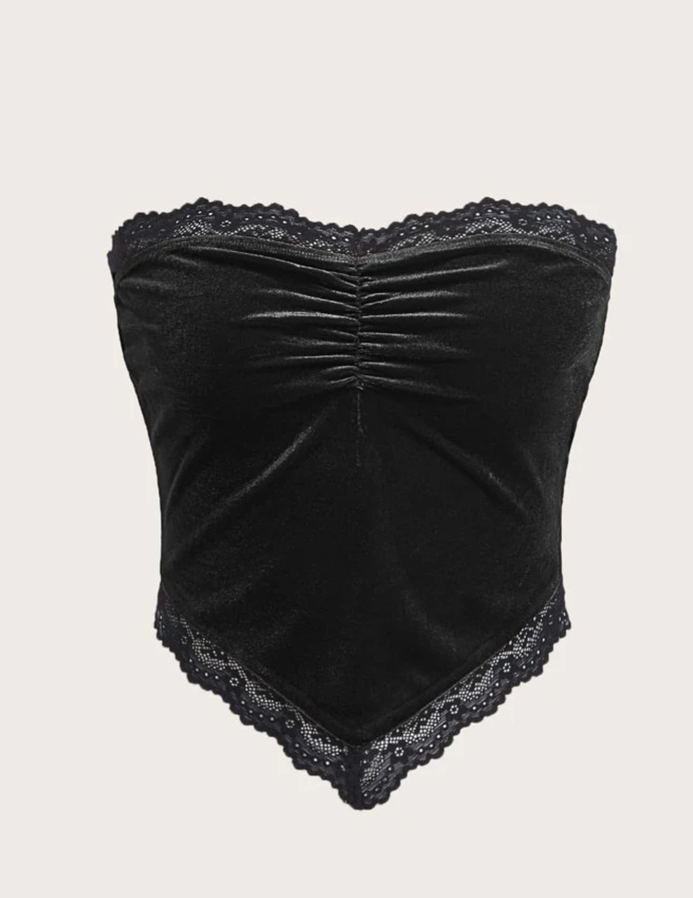 OYOANGLE Women's Ruched Lace Trim Strapless Asymmetrical Hem Velvet Bandana Crop Tube Top