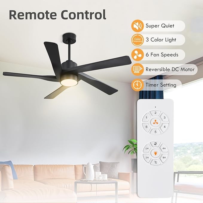 WINGBO 54" ABS DC Ceiling Fan with Lights, 5 Blade ABS Plastic Ceiling Fan with Remote, 6-Speed Reversible DC Motor, LED Ceiling Fan for Kitchen Bedroom Living Room, Brass and Matte Black