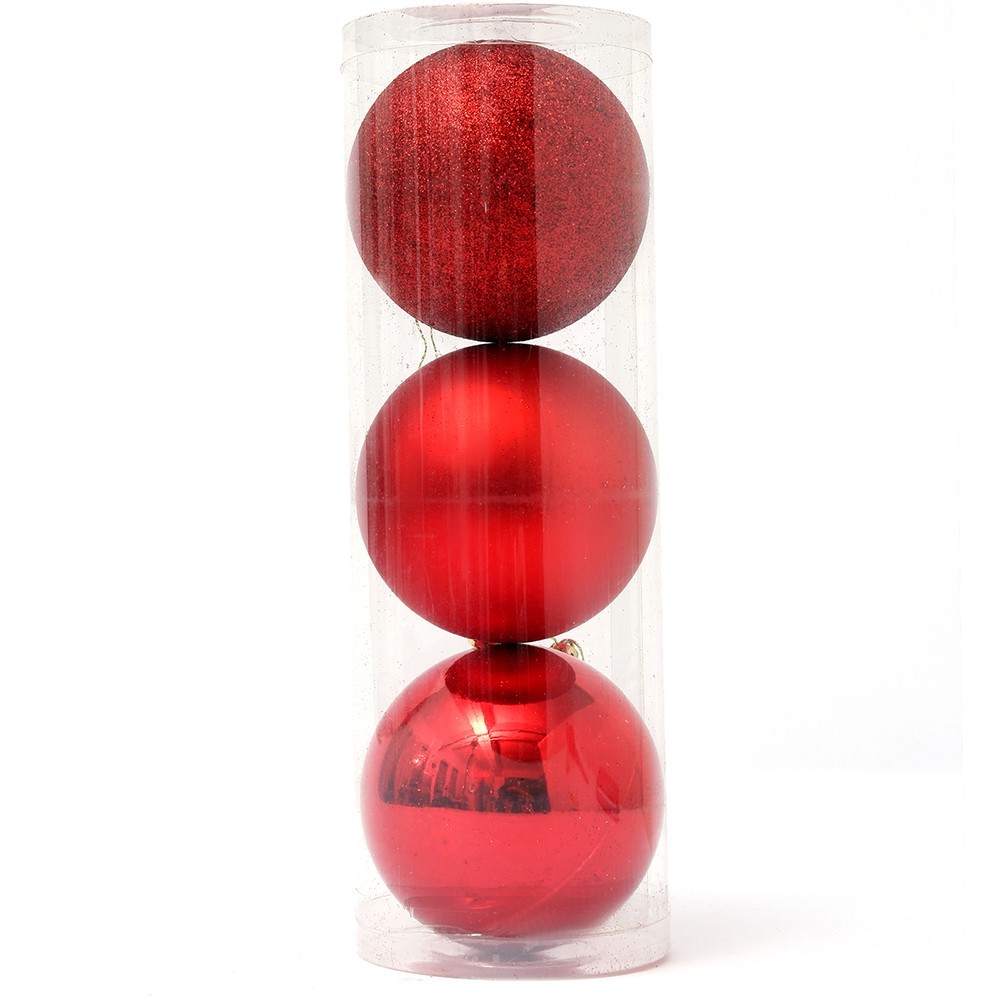X-Mas Balls, Red w/Glitter, 15cm, 3ct
