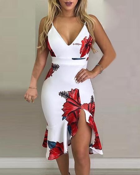 Spaghetti Strap Floral Print Slit Ruffles Dress