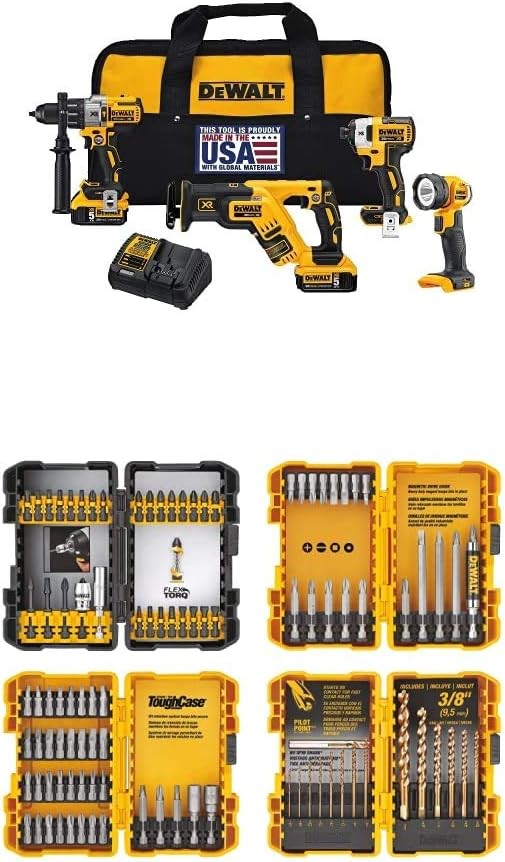 DEWALT DCK494P2 20V Max XR Lithium Ion 4-Tool Combo Kit with DEWALT DWA2FTS100 Screwdriving and Drilling Set, 100 Piece