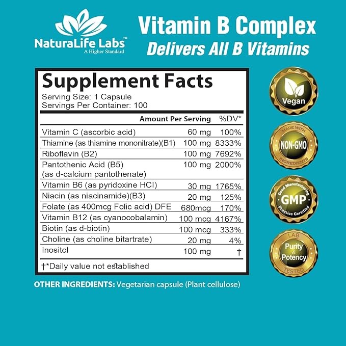 Vitamin B Complex with Vitamin C and Folic Acid - B12, B1, B2, B3, Vitamin B5 Pantothenic Acid, B6, B7, B9 - Nervous System Support 100 Veggie Capsules