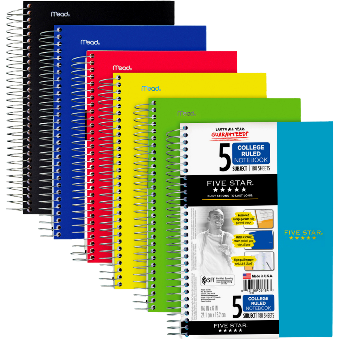 Five Star Advance Spiral Notebook, 5 Subject, College Ruled Paper, 200 Sheets, 11" x 8-1/2