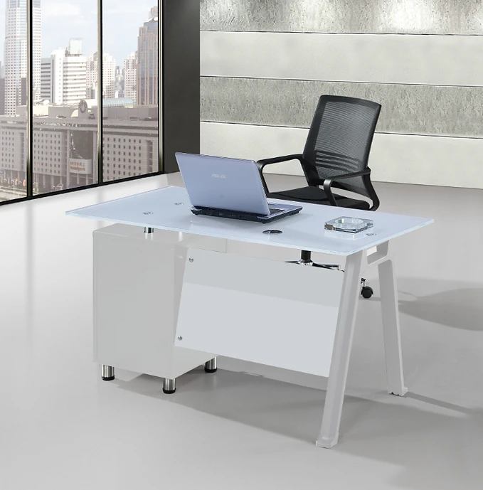 SIT Office Glass Computer Desk with Cabinet - White