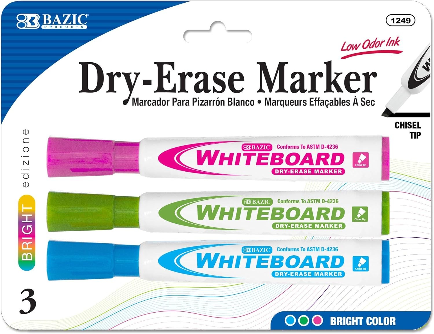 Bazic Fancy Color Chisel Tip Dry-Erase Markers 1249, 3 Count