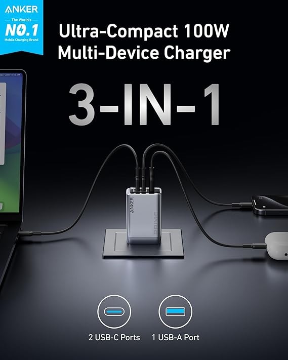 Anker Prime Charger, 100W USB C Charger, 3-Port GaN USB Charger Block, Foldable and Compact for MacBook, iPad, iPhone Series, Galaxy S24/S23, and More