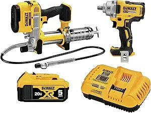 DEWALT 20V MAX* Impact Wrench, Automotive Kit, 1/2-Inch Mid-Range Wrench and Grease Gun, 2-Tool (DCK206P1)