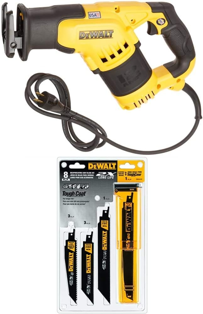 DEWALT DWE357 12-Amp Compact Reciprocating Saw with DEWALT DWA4101 Bi-Metal 2X Reciprocating Saw Blade Set, 8-Piece