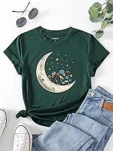 AVLUZ Women's T-Shirt Moon & Floral Print Tee T-Shirt for Women (Color : Dark Green,