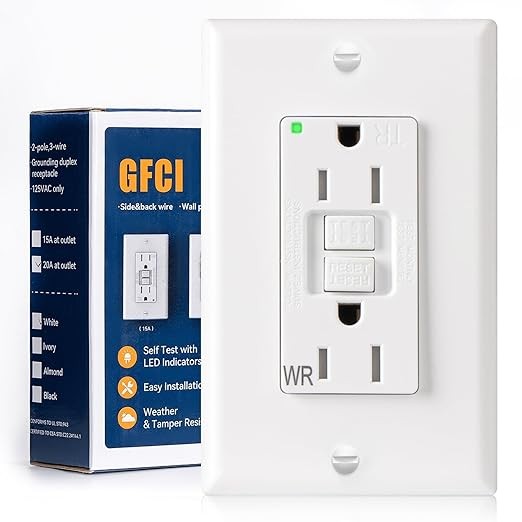 Amico GFCI Outlet 15 Amp with Thinner Design, Weather Resistant (WR), Self-Test GFI Receptacles with LED Indicator, Wall Plates and Screws Included, Indoor or Outdoor, ETL Listed, White,1Pack