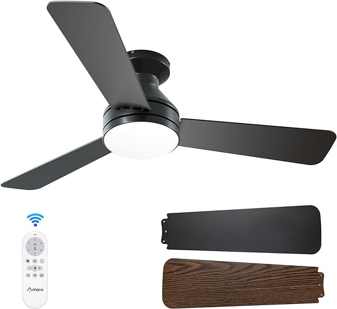 Amico Ceiling Fans with Lights, 42 inch Low Profile Ceiling fan with Light and Remote Control, Flush Mount, Reversible, 3CCT, Dimmable, Noiseless, Black Ceiling Fan for Bedroom, Indoor/Outdoor Use