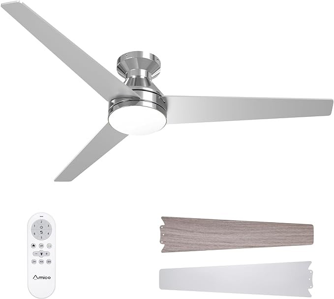 Amico Ceiling Fans with Lights, 52 inch Low Profile Ceiling fan with Light and Remote Control, Flush Mount, Reversible, 3CCT, Dimmable, Noiseless, Nickel Ceiling Fan for Bedroom, Indoor/Outdoor Use