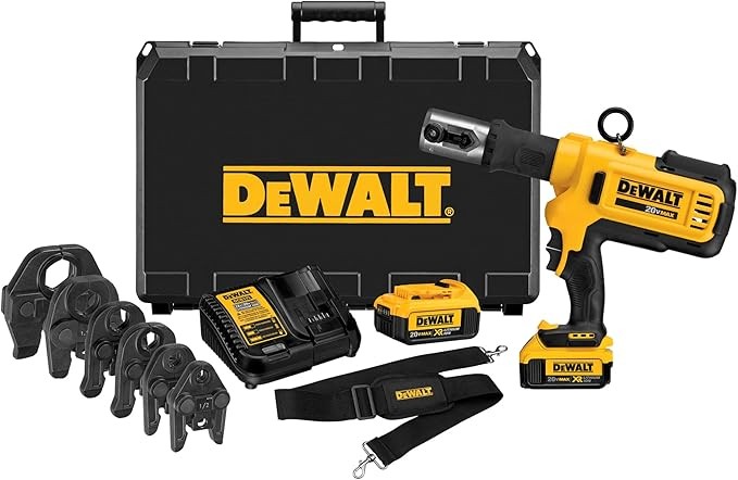 DEWALT 20V MAX Cordless Plumbing Pipe Press Tool Kit with Crimping Heads, Pro Press Tool For Copper Pipe and Stainless Steel Pipes, ½”-1 ¼”, 2 Batteries and Charger Included (DCE200M2K)