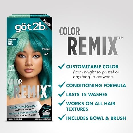 Got2b Color Remix, Customizable Semi-Permanent Hair Color, 097 Peacock Teal