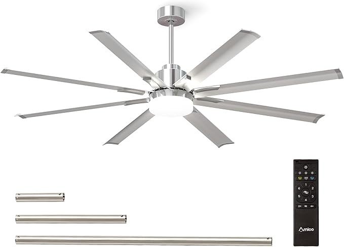 Amico Ceiling Fans with Lights, 72 inch Indoor/Outdoor Ceiling Fan with Remote Control, Reversible DC Motor, 8 Blades, 3CCT, Dimmable, Damp Rated Industrial Ceiling Fan for Bedroom, Patio (Nickel)