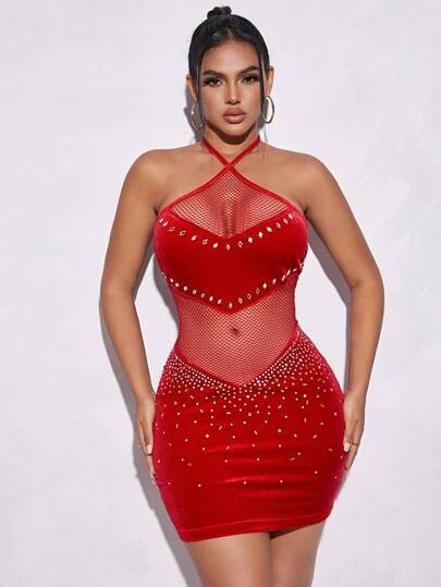 Rhinestone Detail Mesh Insert Halter Neck Backless Bodycon Dress