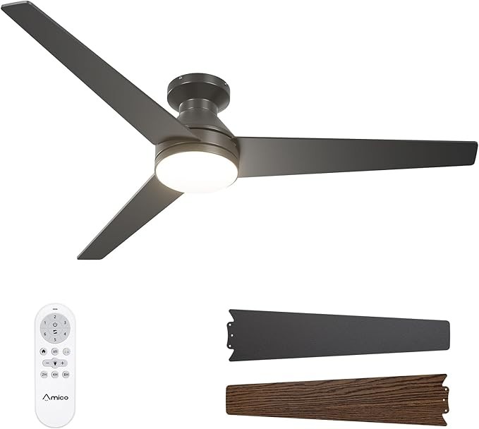 Amico Ceiling Fans with Lights, 52 inch Low Profile Ceiling fan with Light and Remote Control, Flush Mount, Reversible, 3CCT, Dimmable, Noiseless, Black Ceiling Fan for Bedroom, Indoor/Outdoor Use