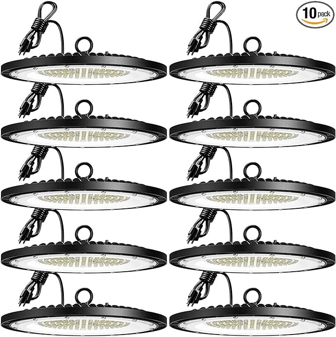 Amico 250W 10 Pack UFO LED High Bay Light, 35,000lm LED High Bay Lights, AC100-277V High Bay LED Lighting with US Hook 5' Cable for Gym Factory Barn Warehouse, UL Listed