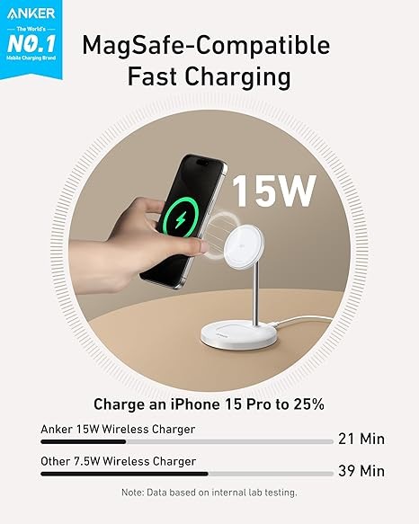 Anker MagSafe Compatible MagGo Charger Stand, iPhone 16 Wireless Charger, 2-in-1 Charging Station, Qi2 Certified 15W Wireless Charger Stand, for iPhone 16/15/14/13/12, AirPods Pro (No AC Adapter)