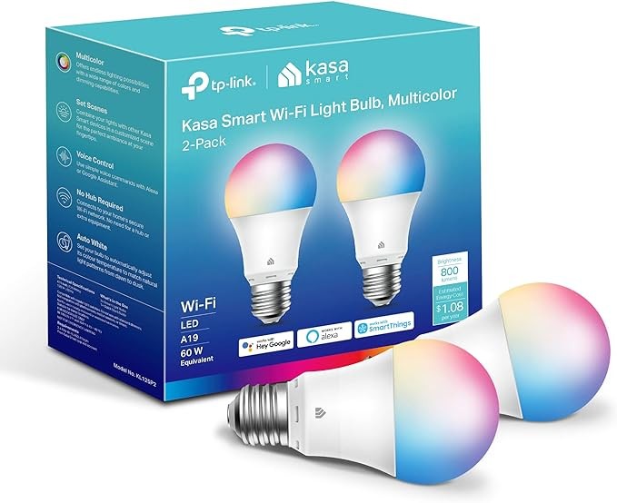 Kasa Smart Light Bulbs, Full Color Changing Dimmable Smart WiFi Bulbs Compatible with Alexa and Google Home, A19, 60 W 800 Lumens,2.4Ghz only, No Hub Required, 2-Pack (KL125P2), Multicolor