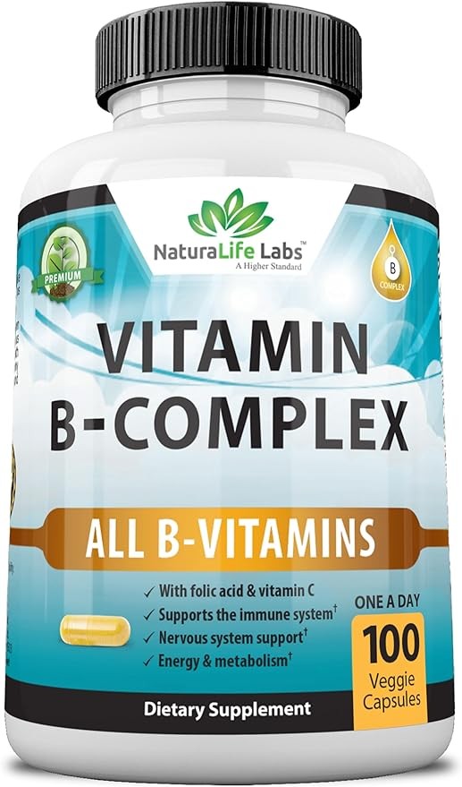 Vitamin B Complex with Vitamin C and Folic Acid - B12, B1, B2, B3, Vitamin B5 Pantothenic Acid, B6, B7, B9 - Nervous System Support 100 Veggie Capsules