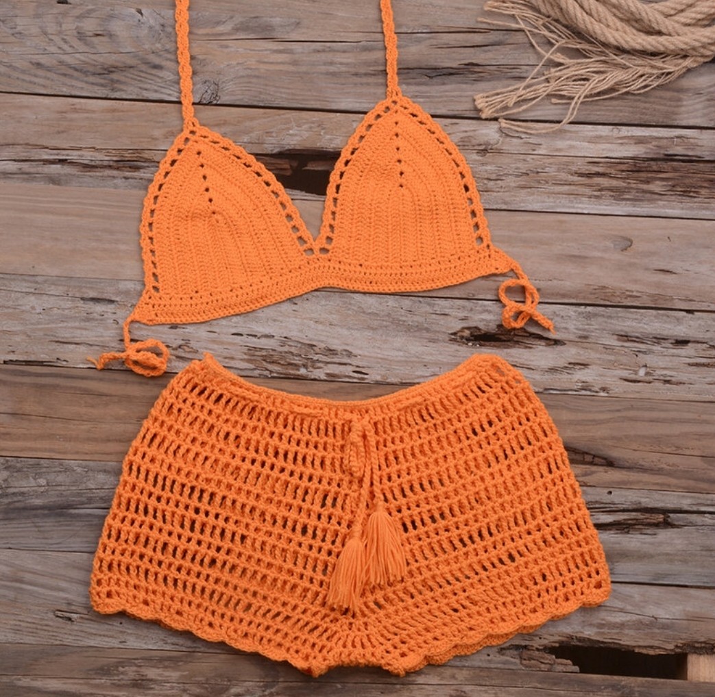 QIUFEN Womens Hand Crochet Bikini - Sexy Crochet Two Pieces Bikini Two Pieces Set, Halter Bra Tie Top Knitt Orange