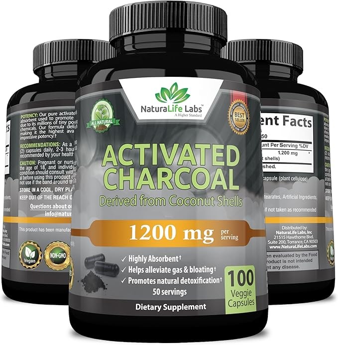 Activated Charcoal Capsules - 1,200 mg Highly Absorbent Helps Alleviate Gas & Bloating Promotes Natural detoxification Derived from Coconut Shells - per Serving - 100 Vegan Capsules