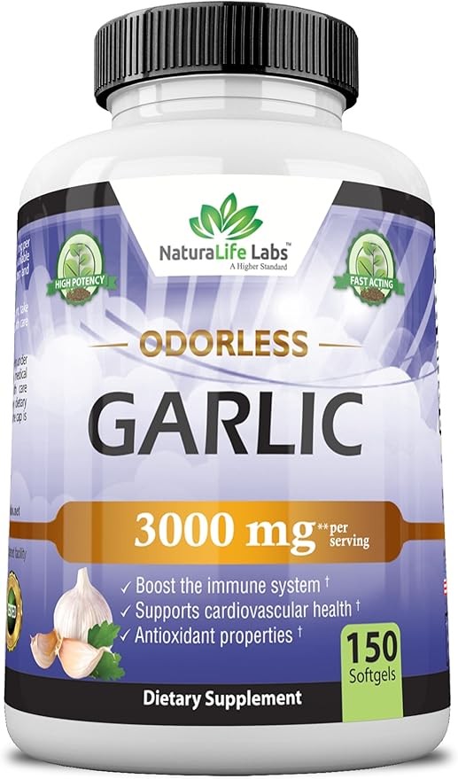 NaturaLife Labs Odorless Garlic 3000 mg per Serving 150 Soft gels Immune System Support Non-GMO, Gluten-Free