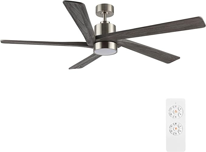 WINGBO 54 Inch DC Ceiling Fan with Lights and Remote Control, 5 Reversible Carved Wood Blades, 6-Speed Noiseless DC Motor, Modern Ceiling Fan in Brushed Nickel Finish with Gray Blades, ETL Listed