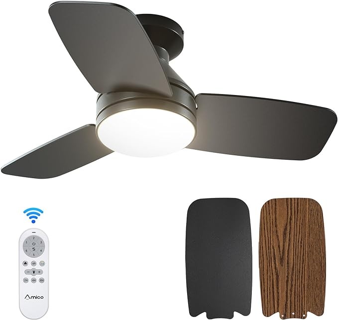 Amico Ceiling Fans with Lights, 30 inch Low Profile Ceiling fan with Light and Remote Control, Flush Mount, Reversible, 3CCT, Dimmable, Noiseless, Black Ceiling Fan for Bedroom, Indoor/Outdoor Use