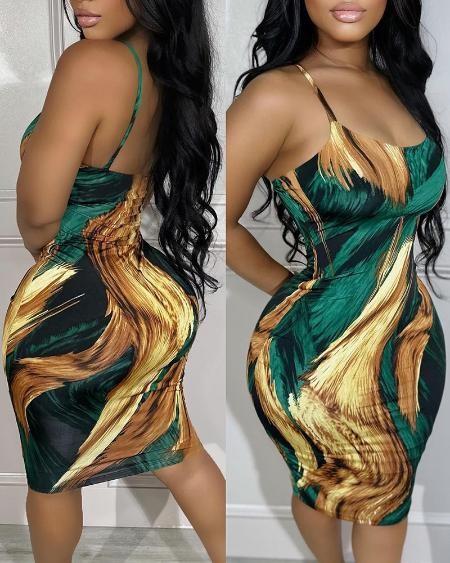 Abstract Print Spaghetti Strap Bodycon Dress