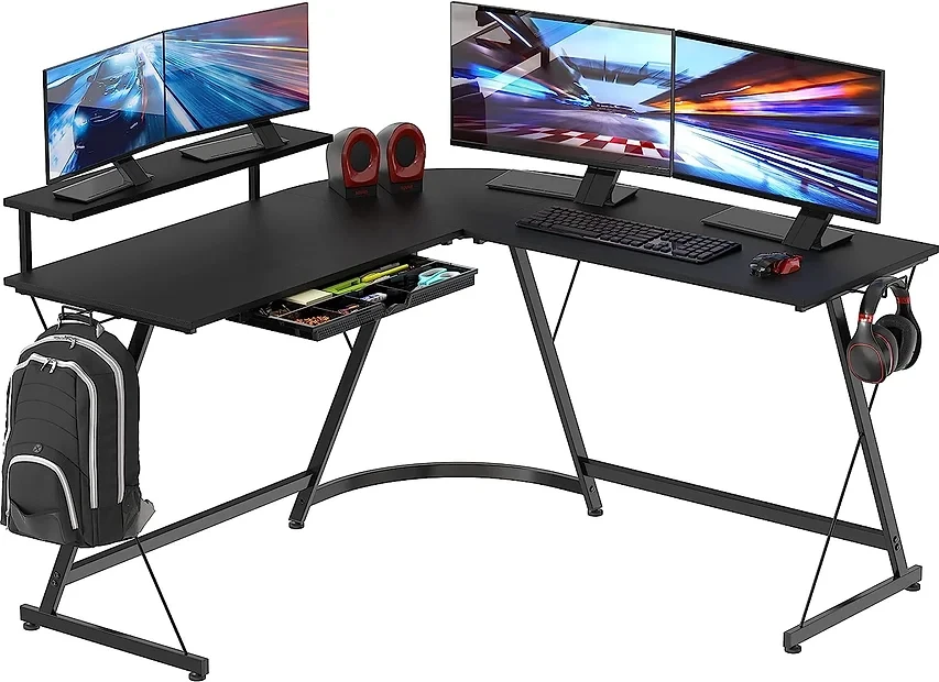 SHW Vista L-Shape Desk with Monitor Stand, Black